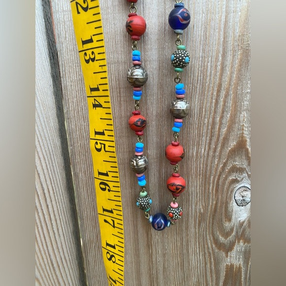 Beautiful Long Beaded Necklace with Red, Blue, and Silver Millefiori vibe Beads - Picture 7 of 8